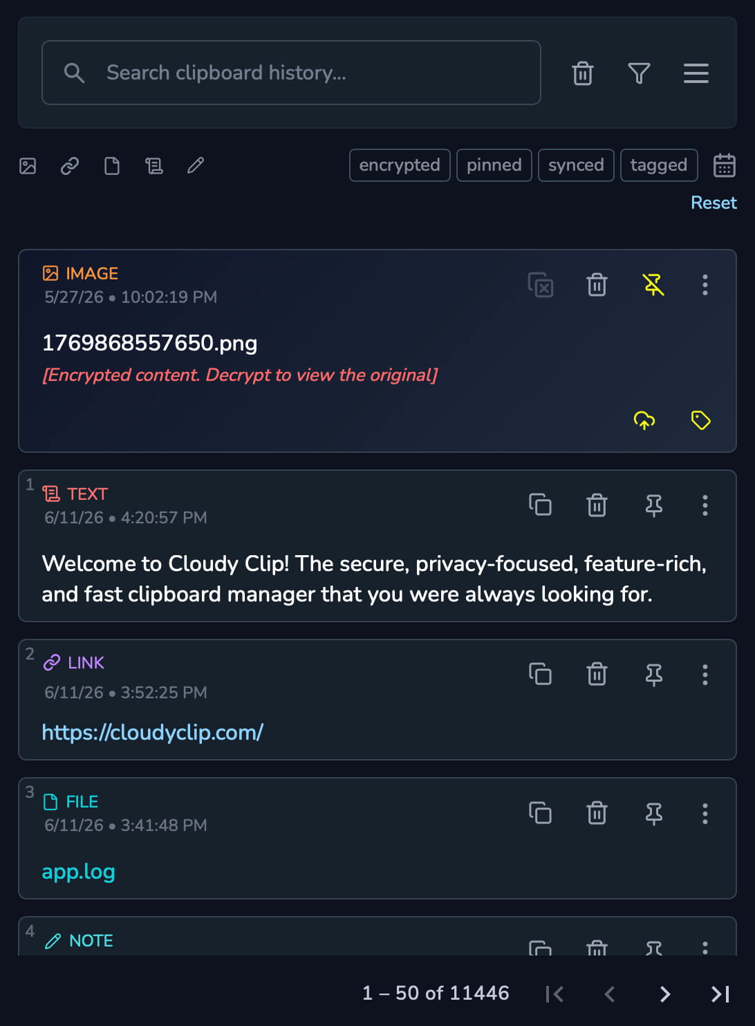 Cloudy Clip clipboard manager application screenshot showing clipboard history
