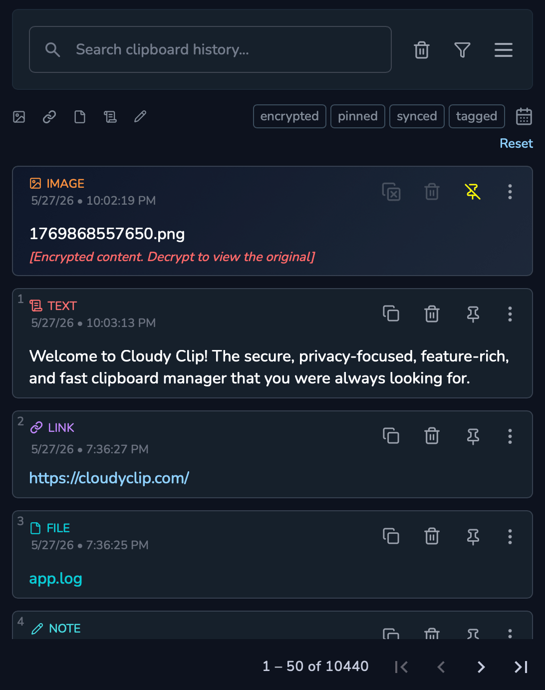Cloudy Clip clipboard manager application screenshot showing clipboard history