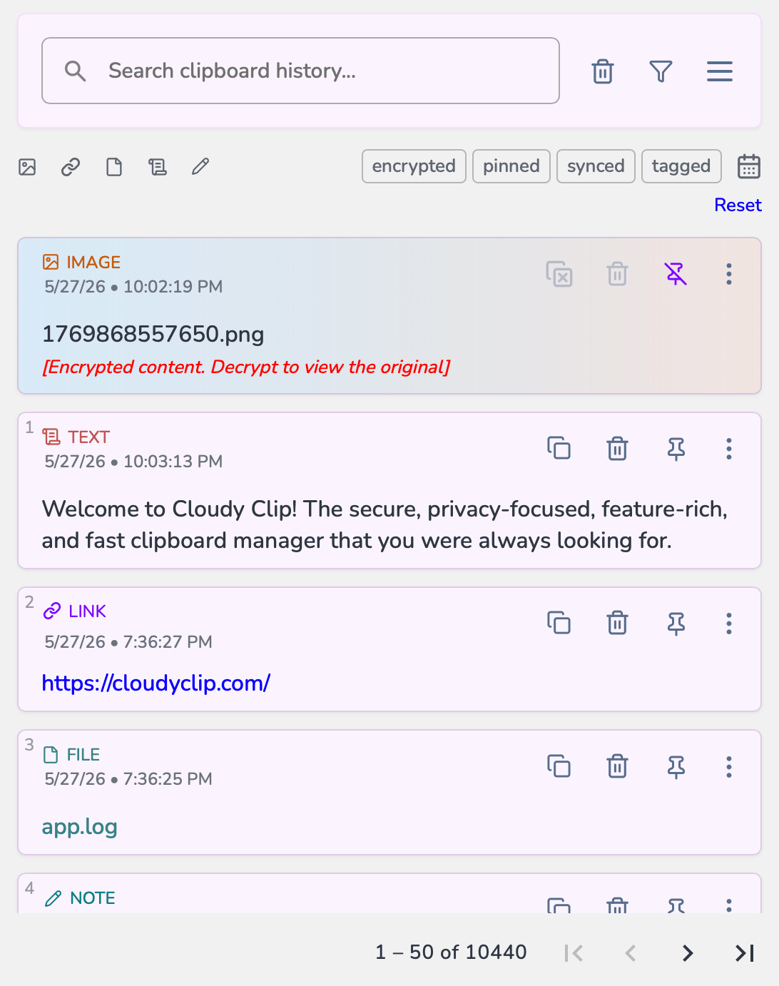 Cloudy Clip clipboard manager application screenshot