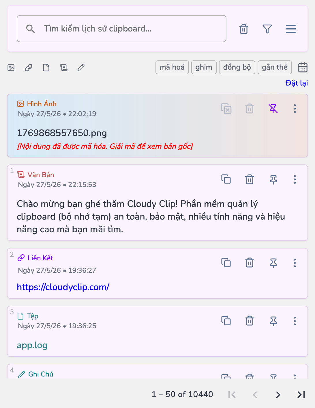 Ảnh chụp màn hình ứng dụng Cloudy Clip hiển thị lịch sử sao chép