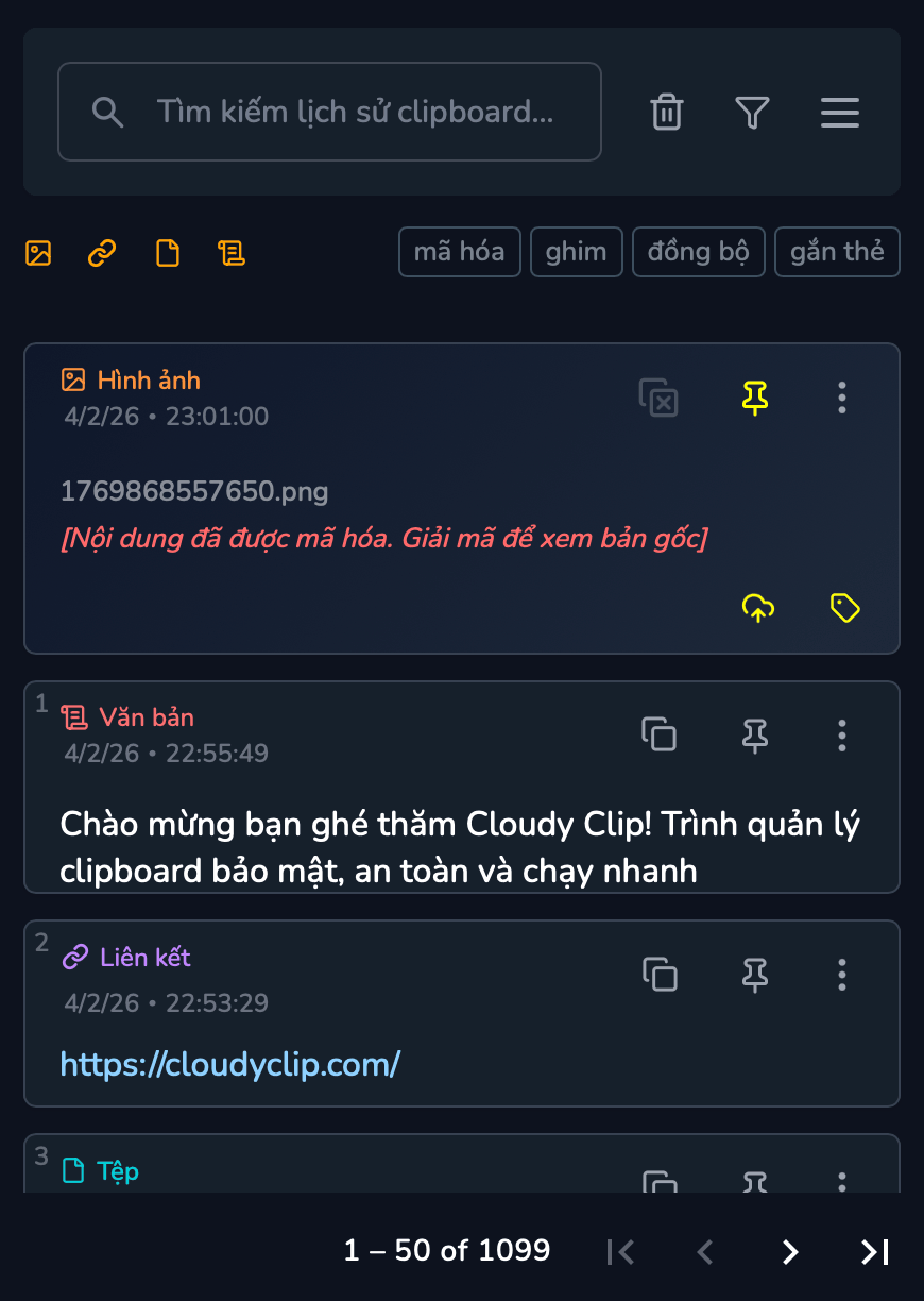 Ảnh chụp màn hình ứng dụng Cloudy Clip hiển thị lịch sử sao chép