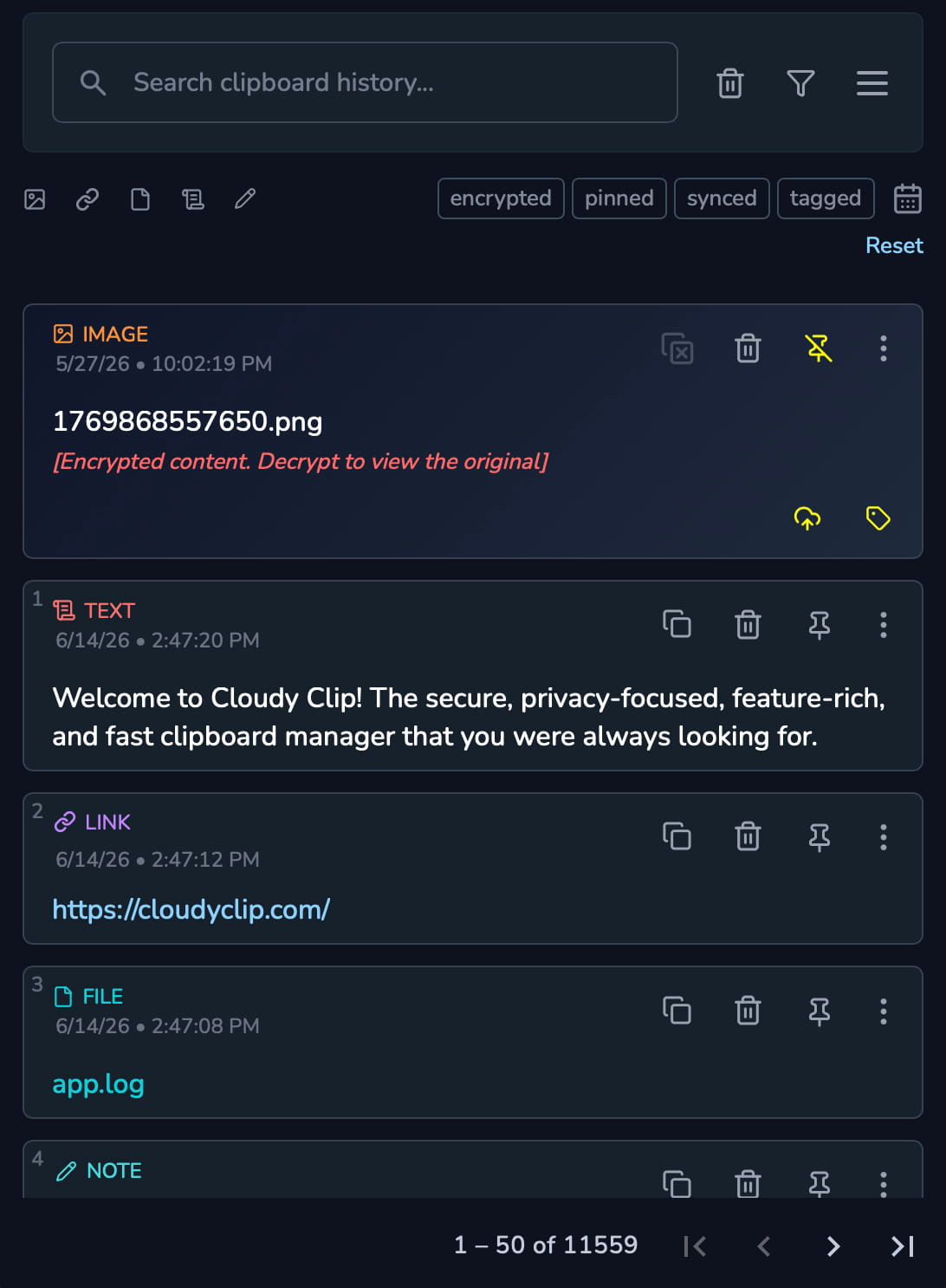 Cloudy Clip clipboard manager application screenshot showing clipboard history