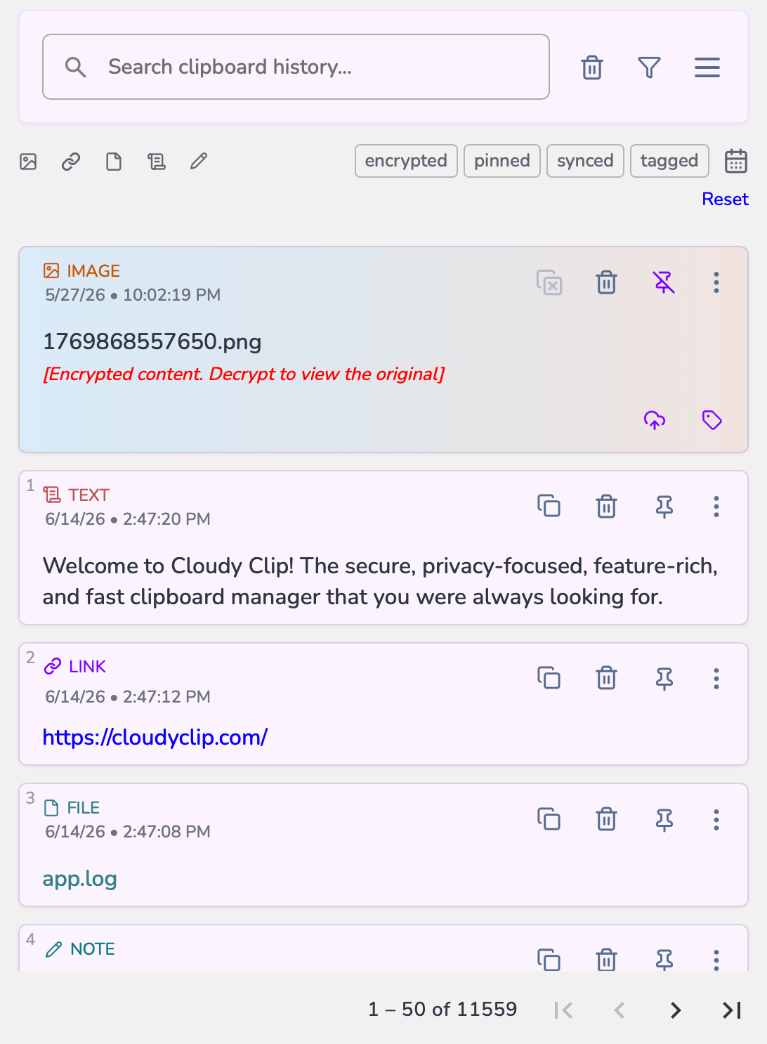 Cloudy Clip clipboard manager application screenshot